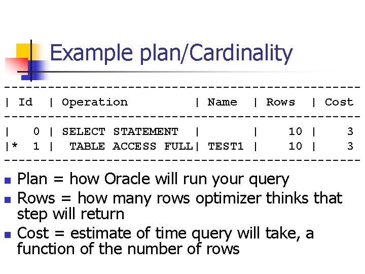 Example plan/Cardinality ------------------------| Id | Operation | Name | Rows | Cost ------------------------| 0