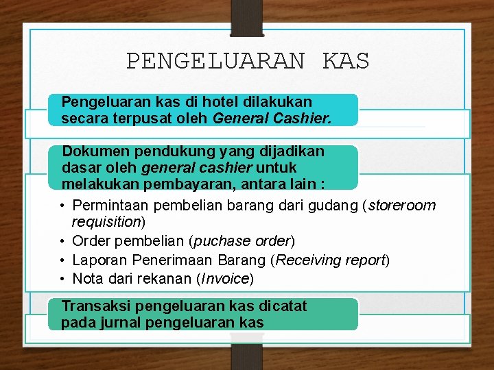 PENGELUARAN KAS Pengeluaran kas di hotel dilakukan secara terpusat oleh General Cashier. Dokumen pendukung