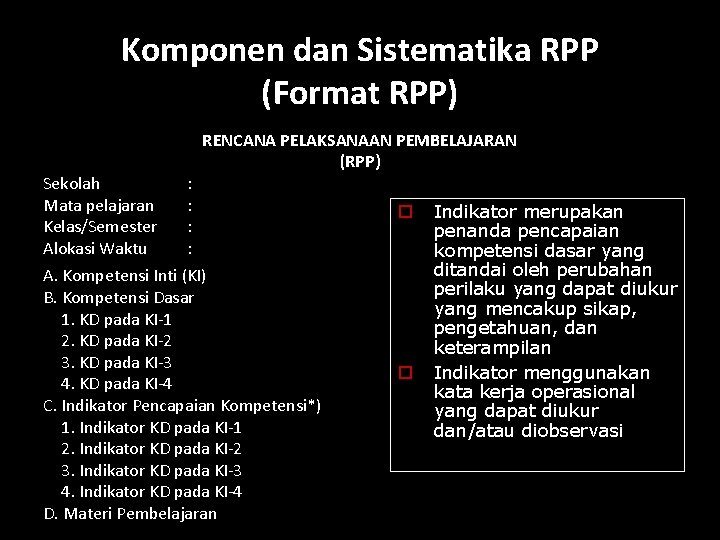 Komponen dan Sistematika RPP (Format RPP) Sekolah Mata pelajaran Kelas/Semester Alokasi Waktu : :