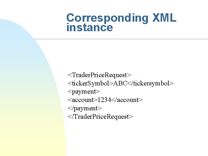 Corresponding XML instance <Trader. Price. Request> <ticker. Symbol>ABC</tickersymbol> <payment> <account>1234</account> </payment> </Trader. Price. Request>