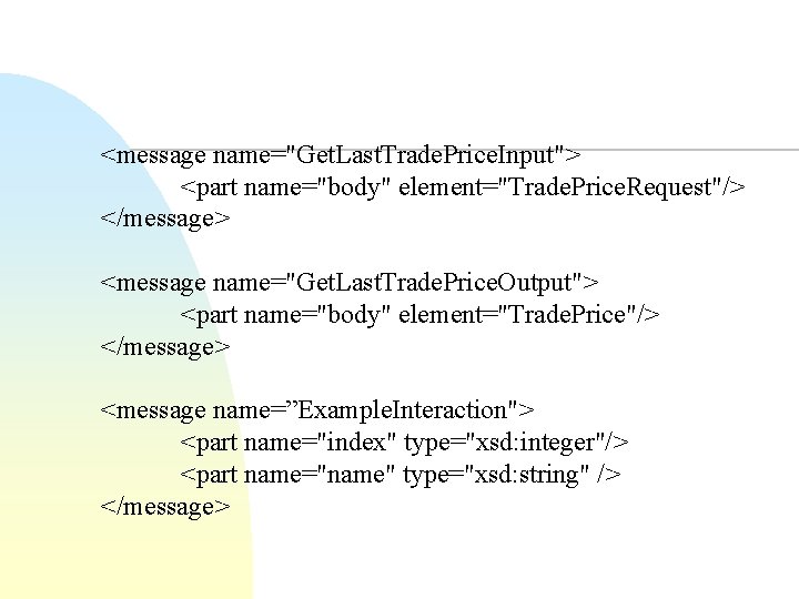 <message name="Get. Last. Trade. Price. Input"> <part name="body" element="Trade. Price. Request"/> </message> <message name="Get.