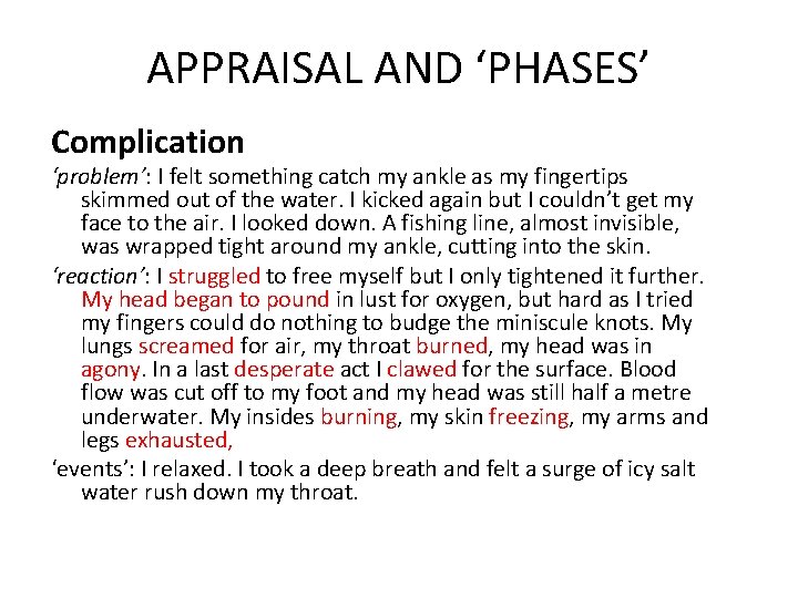 APPRAISAL AND ‘PHASES’ Complication ‘problem’: I felt something catch my ankle as my fingertips