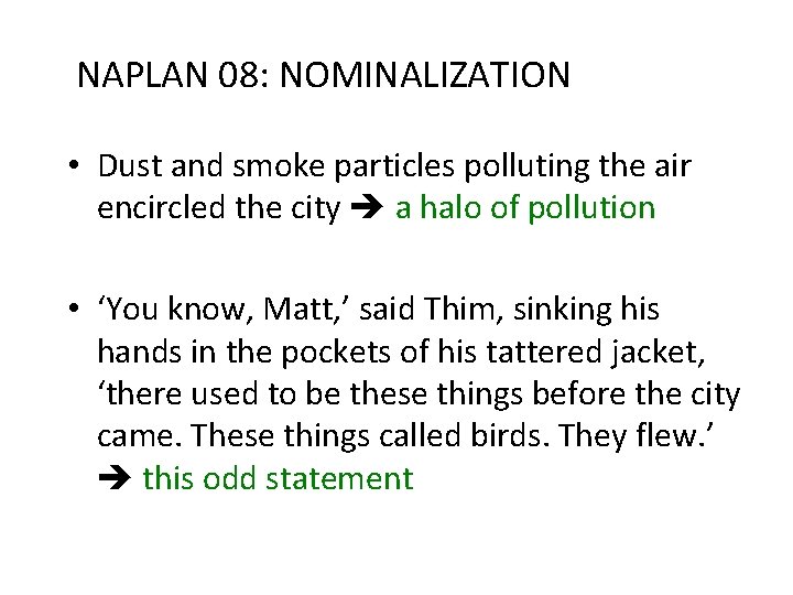 NAPLAN 08: NOMINALIZATION • Dust and smoke particles polluting the air encircled the city