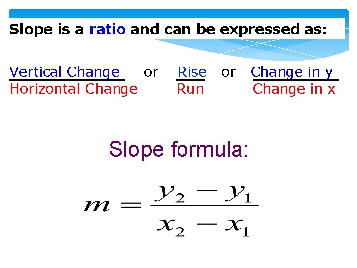 Slope is a ratio and can be expressed as: Vertical Change or Horizontal Change