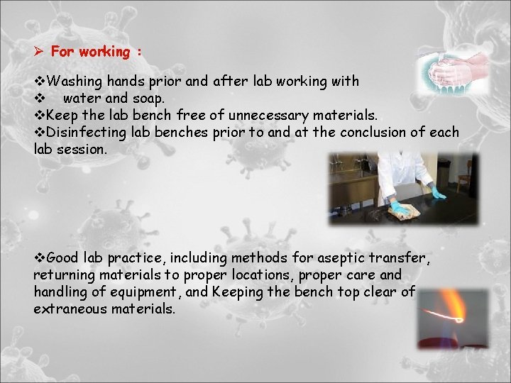 Ø For working : v. Washing hands prior and after lab working with v