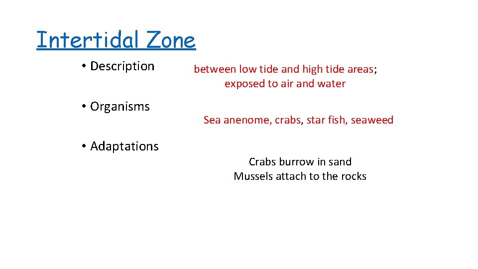 Intertidal Zone • Description • Organisms • Adaptations between low tide and high tide