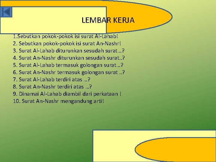 LEMBAR KERJA 1. Sebutkan pokok-pokok isi surat Al-Lahab! 2. Sebutkan pokok-pokok isi surat An-Nashr! LEMBAR KERJA 1. Sebutkan pokok-pokok isi surat Al-Lahab! 2. Sebutkan pokok-pokok isi surat An-Nashr!