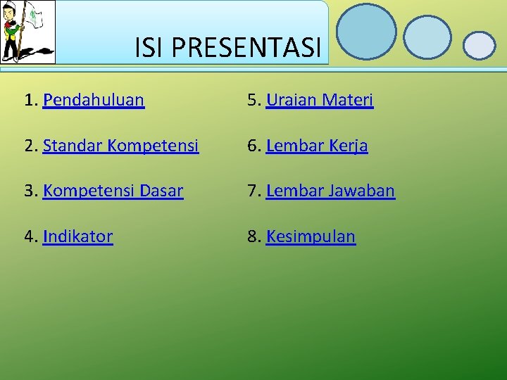 ISI PRESENTASI 1. Pendahuluan 5. Uraian Materi 2. Standar Kompetensi 6. Lembar Kerja 3.