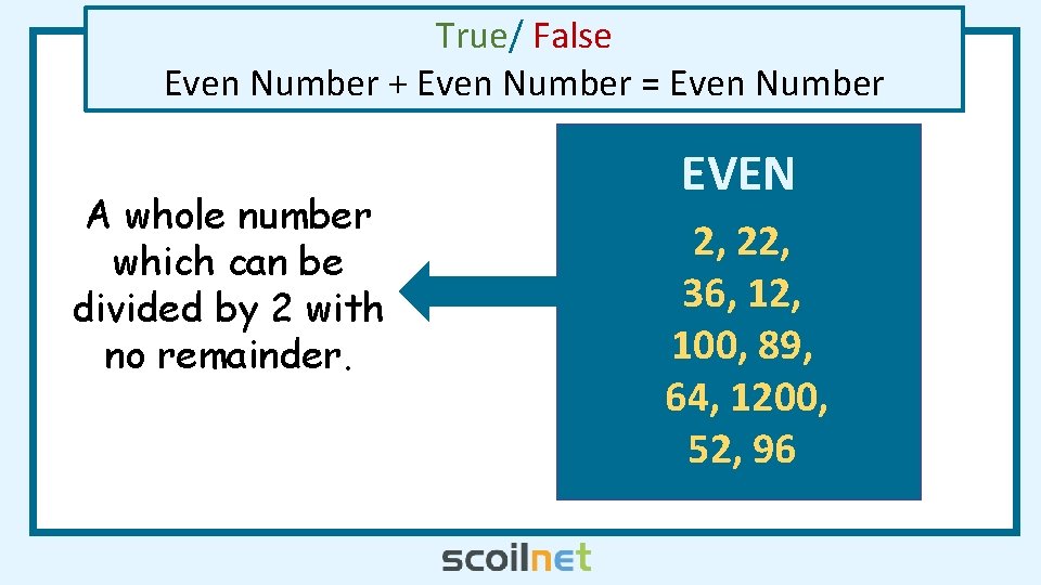 True/ False Even Number + Even Number = Even Number A whole number which