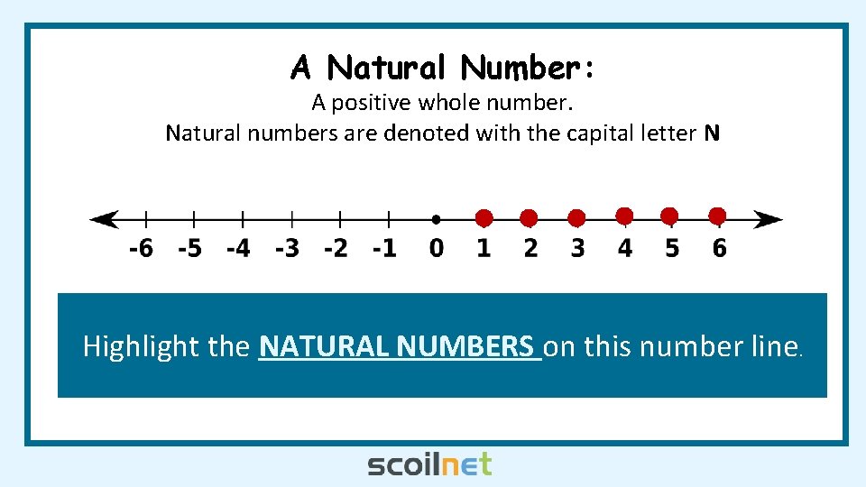 A Natural Number: A positive whole number. Natural numbers are denoted with the capital