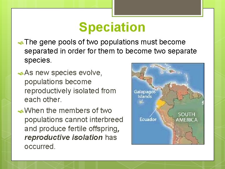 Speciation The gene pools of two populations must become separated in order for them