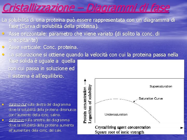 Cristallizzazione – Diagrammi di fase La solubilità di una proteina può essere rappresentata con