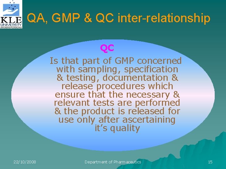 QA, GMP & QC inter-relationship QC Is that part of GMP concerned with sampling,