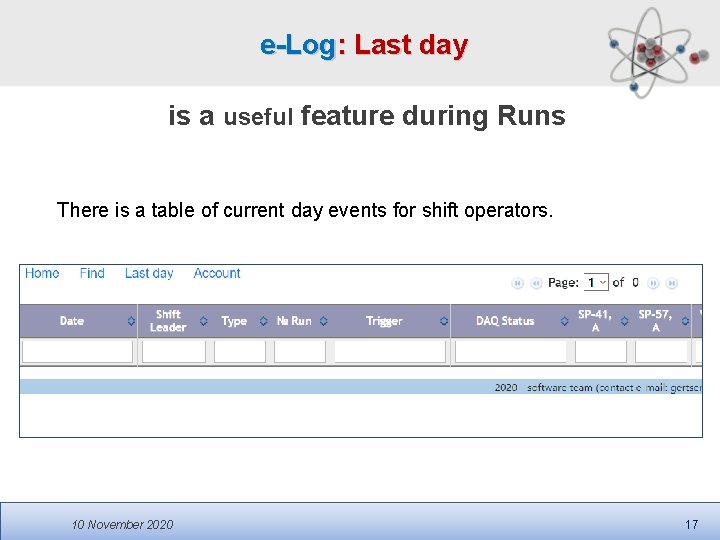 e-Log: Last day is a useful feature during Runs There is a table of e-Log: Last day is a useful feature during Runs There is a table of