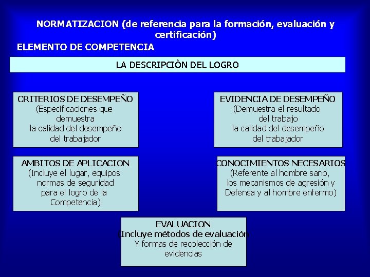 NORMATIZACION (de referencia para la formación, evaluación y certificación) ELEMENTO DE COMPETENCIA LA DESCRIPCIÒN