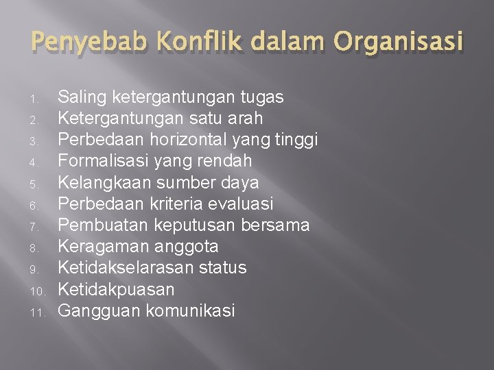 Penyebab Konflik dalam Organisasi 1. 2. 3. 4. 5. 6. 7. 8. 9. 10.