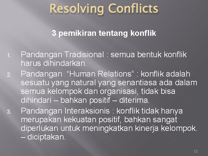 Resolving Conflicts 3 pemikiran tentang konflik 1. 2. 3. Pandangan Tradisional : semua bentuk