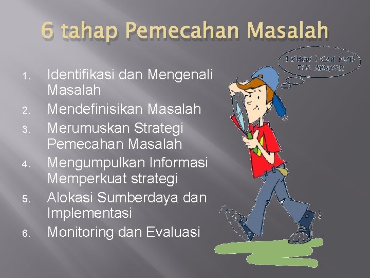 6 tahap Pemecahan Masalah 1. 2. 3. 4. 5. 6. Identifikasi dan Mengenali Masalah