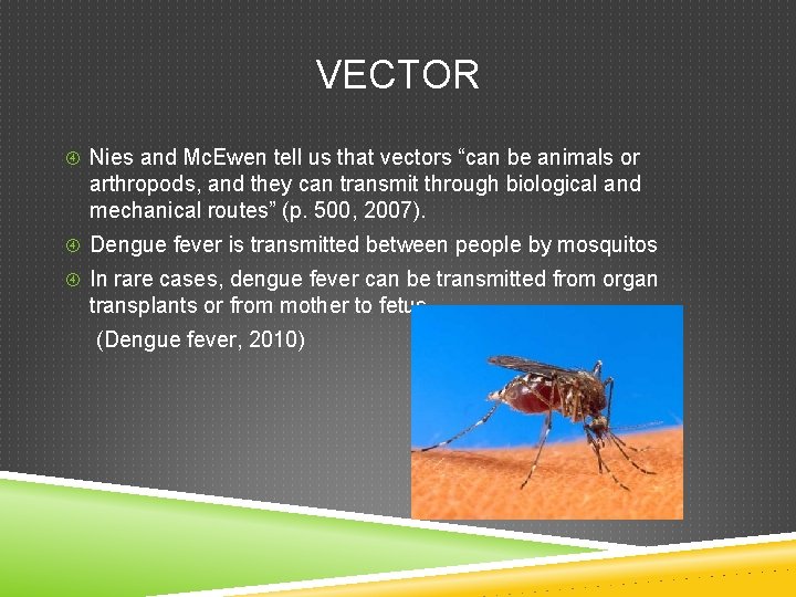 VECTOR Nies and Mc. Ewen tell us that vectors “can be animals or arthropods, VECTOR Nies and Mc. Ewen tell us that vectors “can be animals or arthropods,