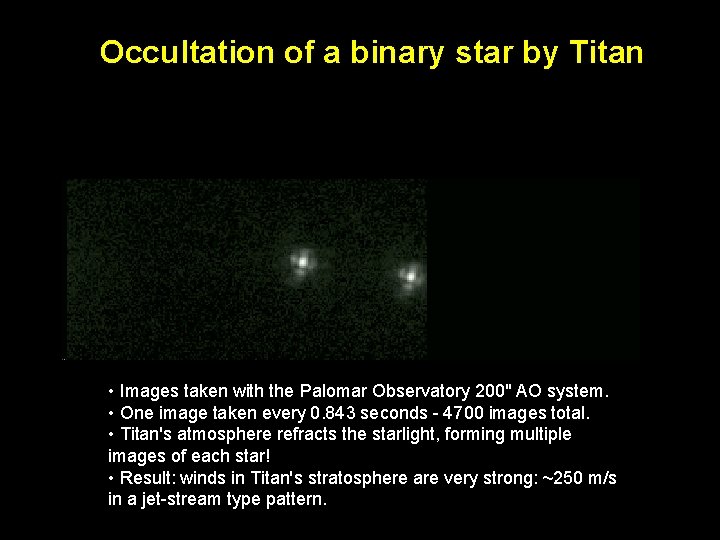 Occultation of a binary star by Titan • Images taken with the Palomar Observatory