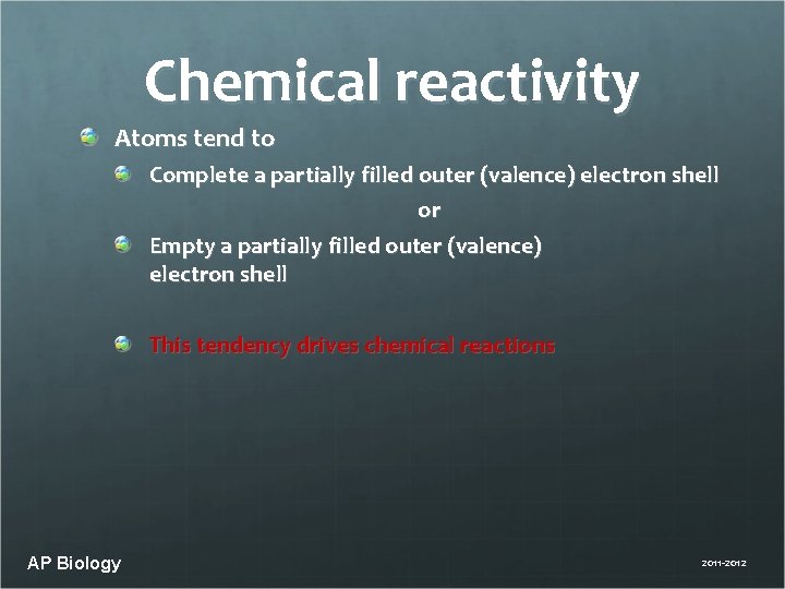 Chemical reactivity Atoms tend to Complete a partially filled outer (valence) electron shell or