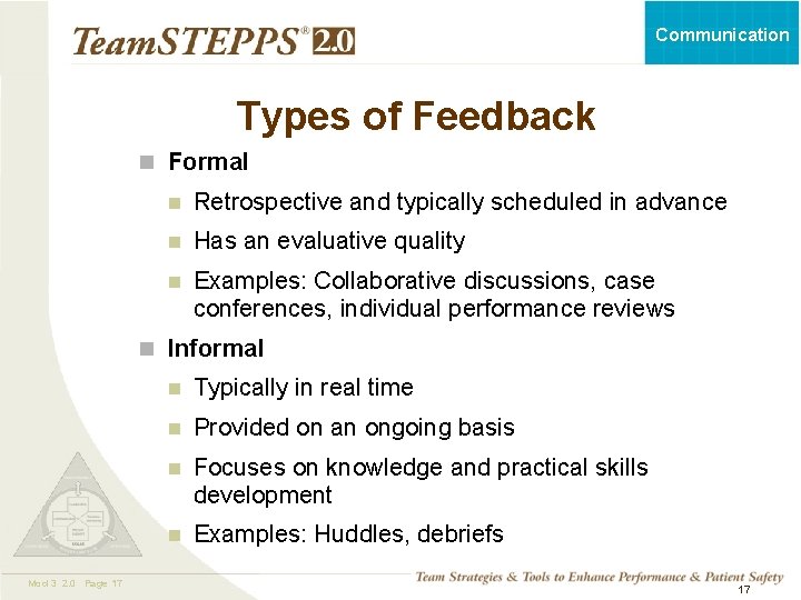 Communication Types of Feedback n Formal n Retrospective and typically scheduled in advance n