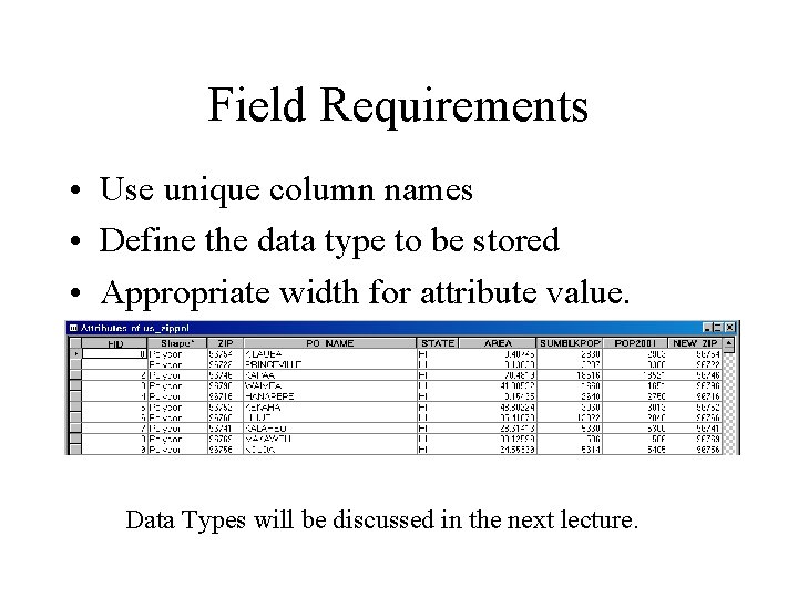 Field Requirements • Use unique column names • Define the data type to be Field Requirements • Use unique column names • Define the data type to be