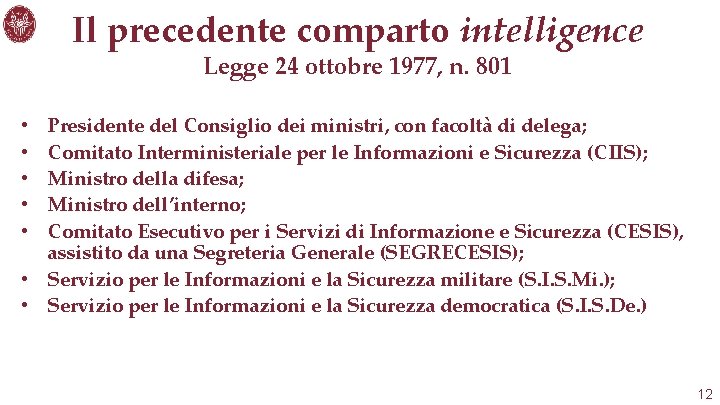 Il precedente comparto intelligence Legge 24 ottobre 1977, n. 801 Presidente del Consiglio dei