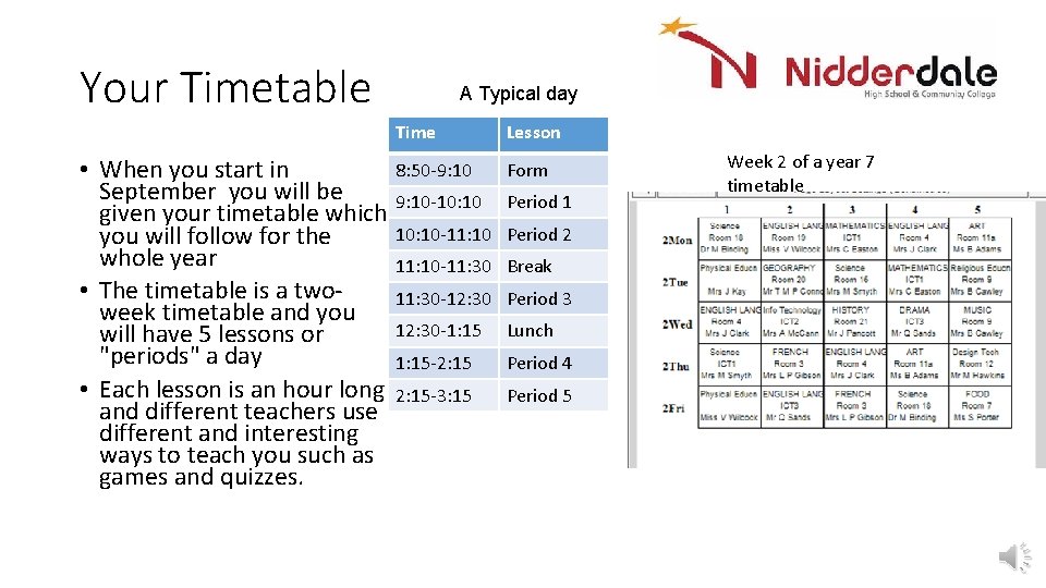 Your Timetable A Typical day Time 8: 50 -9: 10 • When you start