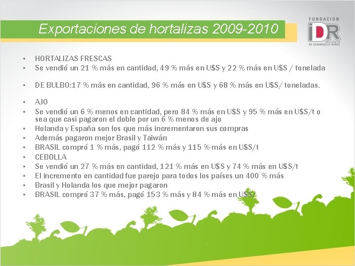 Exportaciones de hortalizas 2009 -2010 • HORTALIZAS FRESCAS • Se vendió un 21 %
