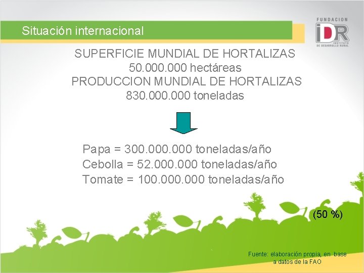 Situación internacional SUPERFICIE MUNDIAL DE HORTALIZAS 50. 000 hectáreas PRODUCCION MUNDIAL DE HORTALIZAS 830.