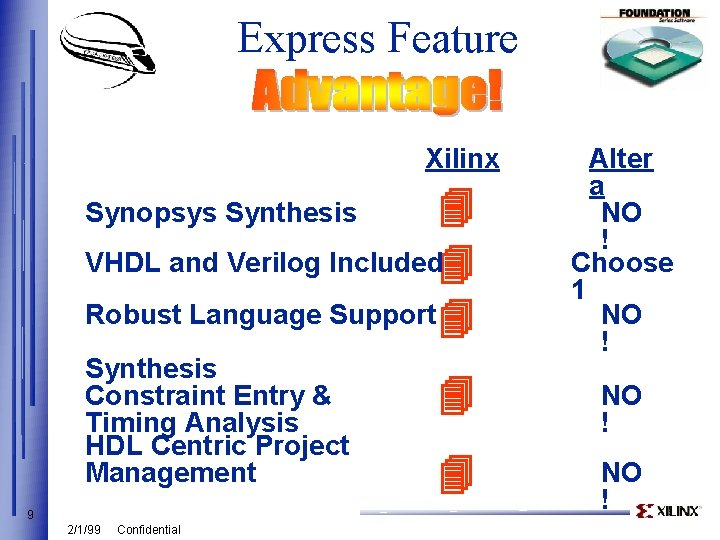 Express Feature Xilinx 4 VHDL and Verilog Included 4 Robust Language Support 4 Synopsys