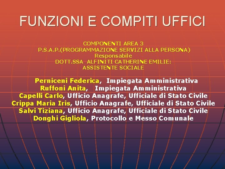 FUNZIONI E COMPITI UFFICI COMPONENTI AREA 3 P. S. A. P. (PROGRAMMAZIONE SERVIZI ALLA