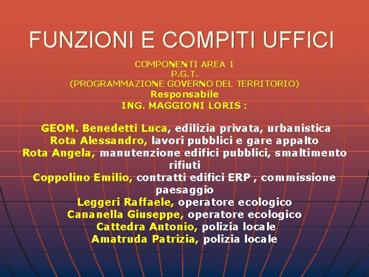 FUNZIONI E COMPITI UFFICI COMPONENTI AREA 1 P. G. T. (PROGRAMMAZIONE GOVERNO DEL TERRITORIO)