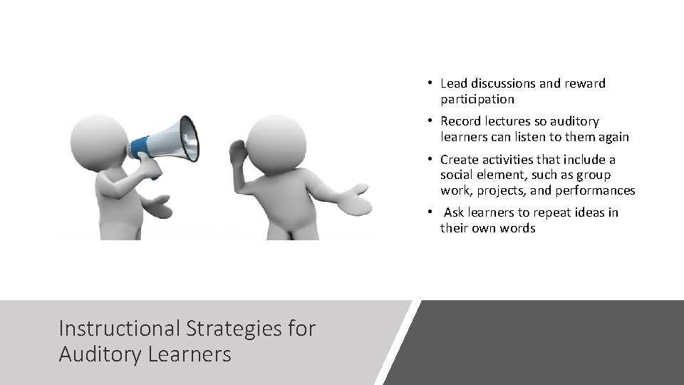  • Lead discussions and reward participation • Record lectures so auditory learners can