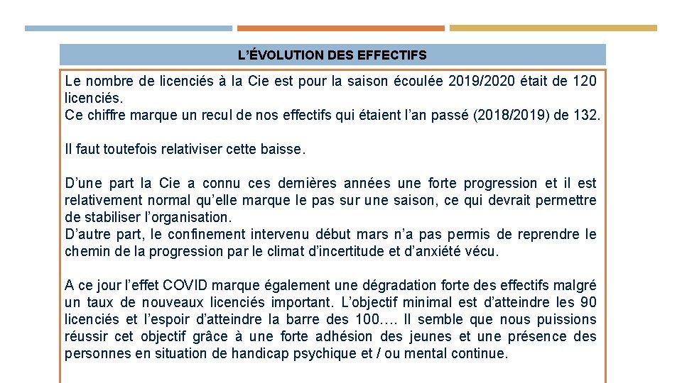 L’ÉVOLUTION DES EFFECTIFS Le nombre de licenciés à la Cie est pour la saison