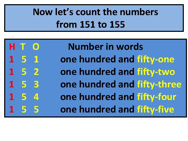 Now let’s count the numbers from 151 to 155 H 1 1 1 T