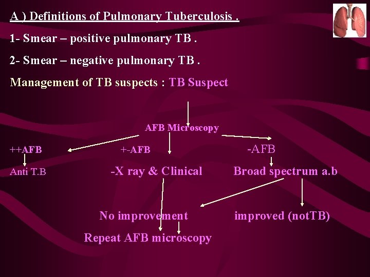 A ) Definitions of Pulmonary Tuberculosis. 1 - Smear – positive pulmonary TB. 2
