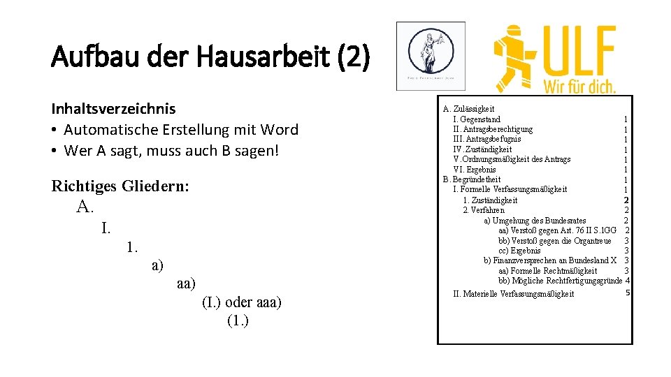 Aufbau der Hausarbeit (2) Inhaltsverzeichnis • Automatische Erstellung mit Word • Wer A sagt,