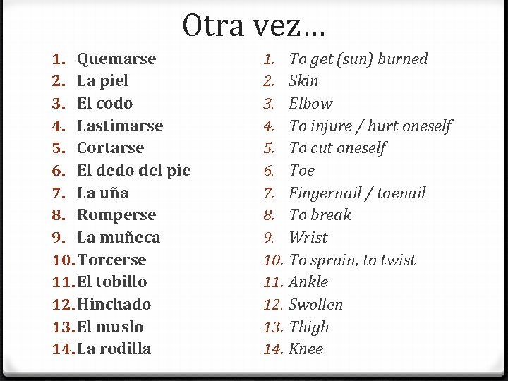 Otra vez… 1. Quemarse 2. La piel 3. El codo 4. Lastimarse 5. Cortarse