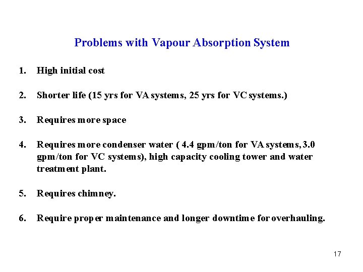 Problems with Vapour Absorption System 1. High initial cost 2. Shorter life (15 yrs