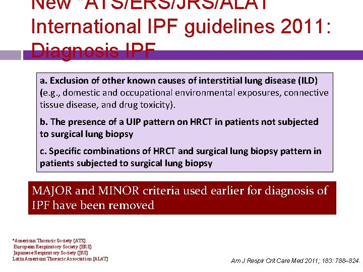 New *ATS/ERS/JRS/ALAT International IPF guidelines 2011: Diagnosis IPF a. Exclusion of other known causes