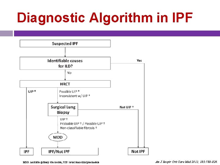 Diagnostic Algorithm in IPF MDD: multidisciplinary discussion; UIP: usual interstitial pneumonia Am J Respir