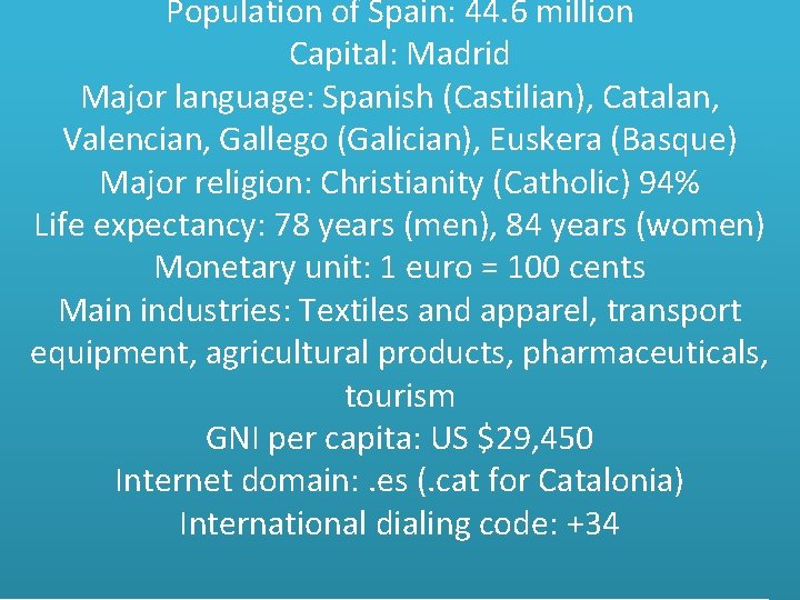 Population of Spain: 44. 6 million Capital: Madrid Major language: Spanish (Castilian), Catalan, Valencian,