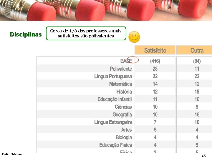 Disciplinas Perfil - Matérias. Cerca de 1/3 dos professores mais satisfeitos são polivalentes 45