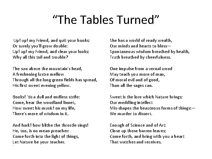“The Tables Turned” Up! up! my Friend, and quit your books; Or surely you'll