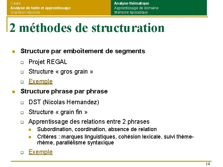 Cadre Analyse de texte et apprentissage Question réponse Analyse thématique Apprentissage de domaine Mémoire