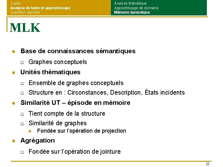 Cadre Analyse de texte et apprentissage Question réponse Analyse thématique Apprentissage de domaine Mémoire