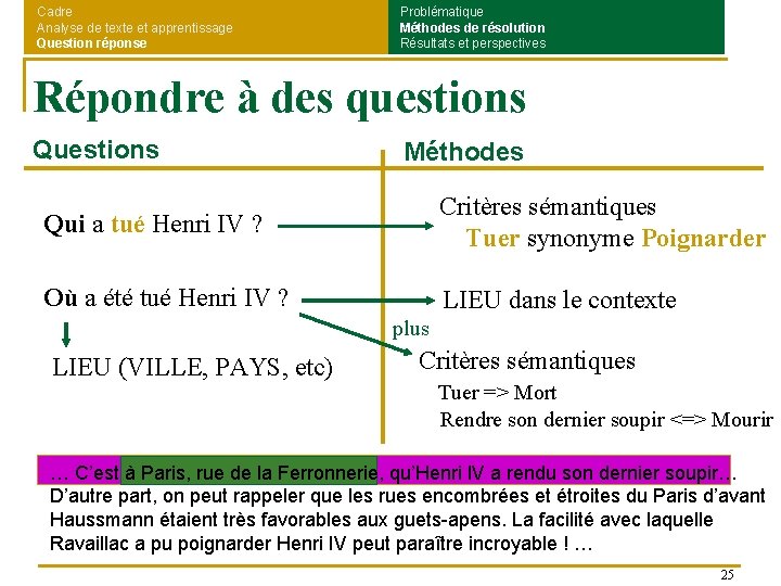 Cadre Analyse de texte et apprentissage Question réponse Problématique Méthodes de résolution Résultats et