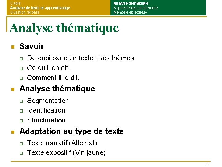 Cadre Analyse de texte et apprentissage Question réponse Analyse thématique Apprentissage de domaine Mémoire